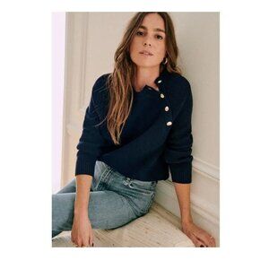 Sezane Navy Blue Shoulder Button Chunky Knit Sweater Jumper Sz S Preppy Luxury